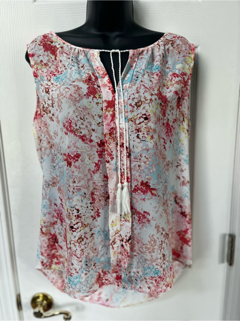 Rose & Olive Watercolor Floral Tie-Front Camisole in White, Red, and Light Blue